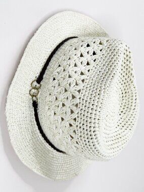 Pistil Off White Poly Straw Crochet Fedora one size Blue Band Summer Hat EUC